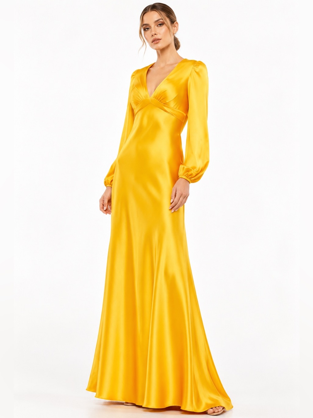 Mac Duggal Charmeuse Satin Empire Waist Long Sleeve Gown Yellow Size 6 NWT